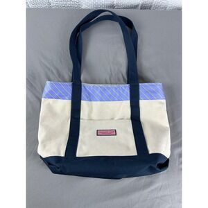 Vineyard Vines Canvas Classic Tote Bag Fish Line Stripe Purple Plum Zip Top